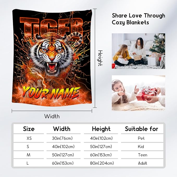 Kids Throw Blanket Custom Tiger Gifts for Boys Toddler, Fleece Soft Cozy Personalized Throw for Son Grandson (4 Sizes)