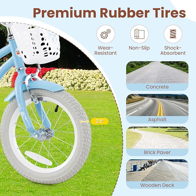 COSTWAY Kids Bike, 12 14 16 18 Inch Toddler Bike Children Bicycle w/Training Wheels, Hand & Coaster Brakes, Adjustable Saddle & Handlebar, Basket, Bell, Kids Bicycle for Girls Boys Aged 3-8 Years Old