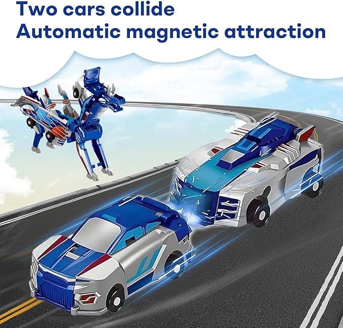 2-in-1 Transforming Race Car Dinosaur Toy DinoDrive – Automatic Transforming Car into Dinosaur, Educational Toys for Boys & Girls, Crash Action & Lights, for Kids(Silver)