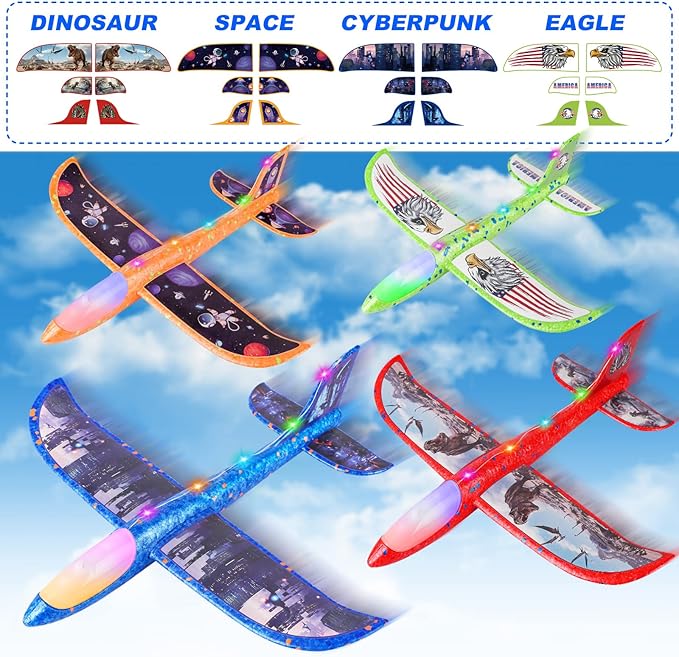 Fuwidvia 4 Pack Airplane Launcher Toys, 2 Flight Modes LED Foam Plane Toy for Boys, Outdoor Flying Toys Birthday Gifts for Boys Girl 4 5 6 7 8 9 10 11 12 Year Old
