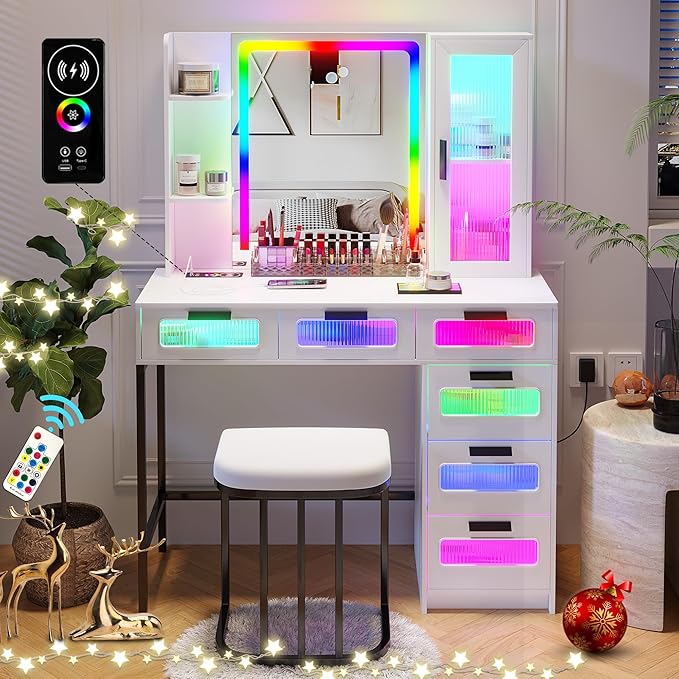 HNEBC White LED Vanity, Makeup Vanity with RGB Lights and 6 Drawers for Bedroom, Makeup Desk with USB/Wireless Charging, Dressing Table with Shelves/Cabins/Stool, Vanity Table Set as Gifts for Girls