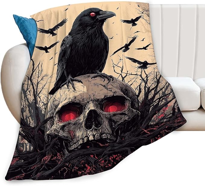 Skull Blanket Skeleton Throw Blanket Crow Gifts for Men Women Boys Girls Kids Adults Super Soft Cozy Plush Fluffy Fuzzy Fleece Blanket Decor 50''X60''