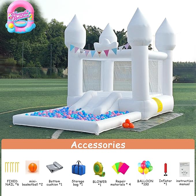 12.5FTx7.1FT White Inflatable Bounce House Inflatable Castle with Slide and Ball Pool Indoor and Outdoor Toys for Active Kids Used for Inflatable Products for Birthday Parties and Holiday Decorations