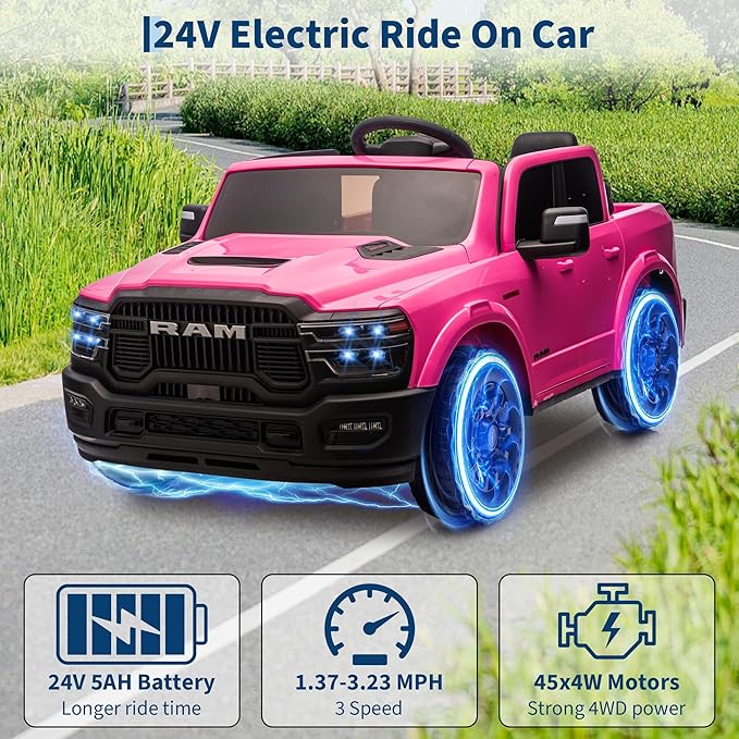 24V Ride on Car Licensed RAM 2500, 2 Seater Ride on Car for Kids w/Remote Control, Toddler Electric Car w/Truck Bed, 3 Speed, LED Lights, Bluetooth, Suspension, Gifts for Boys Girls, Pink
