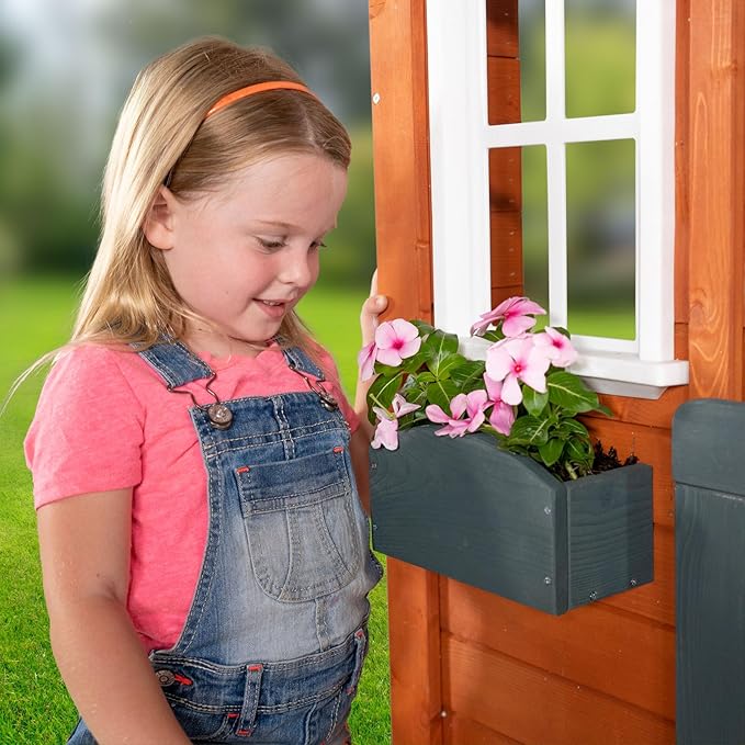 Sportspower Woodbridge Wooden Playhouse for Kids, Outdoor Backyard Playhouse with Working Door, Windows & Flowerpot Holders, Ages 3–8, Durable Finland Wood, Red