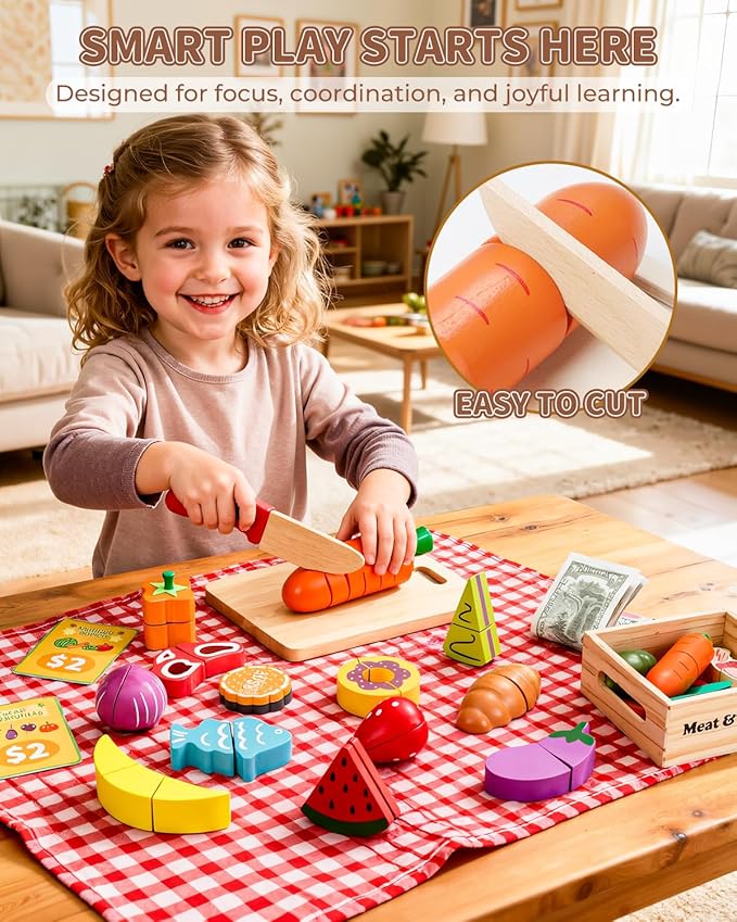 70 PCS Montessori Wooden Play Food Set for Kids Kitchen with Cutting Fruits, Veggies, Bread, Meat & Wooden Crates – Educational Pretend Toys for Boys & Girls 3-5, Perfect Kids