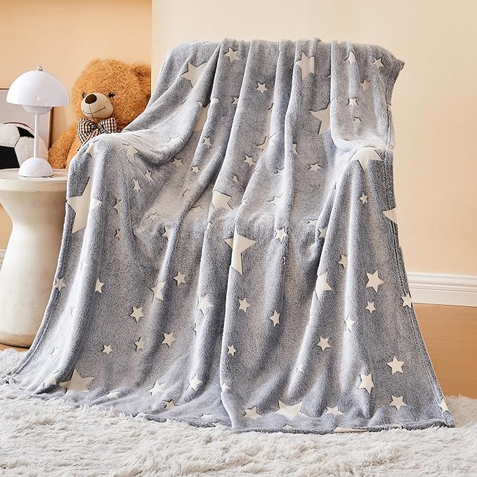 Wajade Glow in The Dark Stars Blanket - Soft Cozy Flannel Kids Throw Blanket for Boys and Girls, Cute Blanket for Sofa Couch Bed, Christmas Birthday Gift 50"x60"