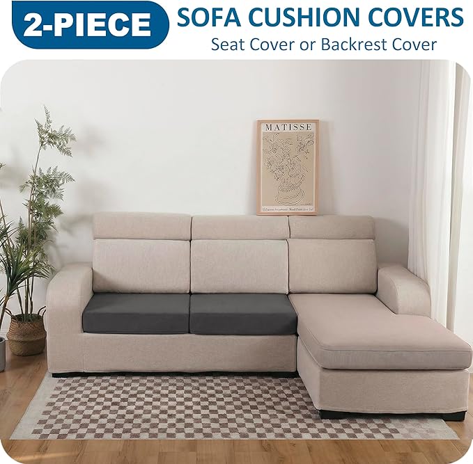 100% Waterproof Couch Cushion Covers, Replacement Sofa Cushion Covers, Stretch Individual Sofa Seat Cushion Slipcovers Furniture Protector for Kids Pets (2-Piece Loveseat Cushion Cover, Grey)