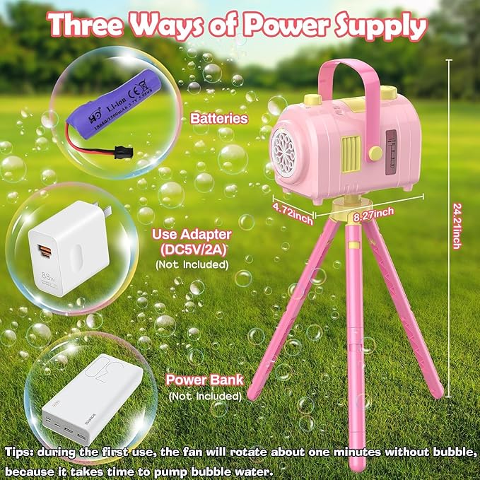 Bubble Machine Large Capacity, Automatic Kids Bubble Blower with 10 Holes 2 Speeds 17oz/500ml, Rechargeable Portable Bubble Toy with Tripod for Indoor, Outdoor, Birthday, Parties (Pink)