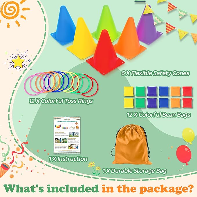 31PCS 3 in 1 Carnival Outdoor Games Combo Set for Kids, Soft Plastic Cones Bean Bags Ring Toss Games, Kid’s Gift for Birthday Party Outdoor Games Supplies, Throwing Backyard Lawn Family Toys