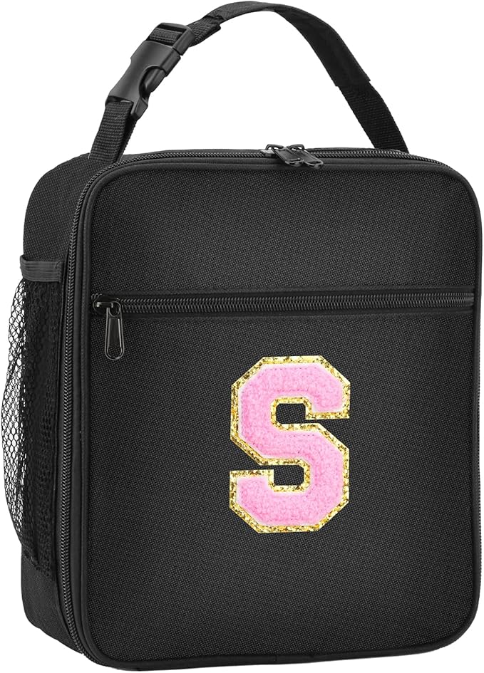 Initial Insulated Lunch Bag, Lunch Box with Initial Letter Patch for Teen Adult, Reusable Lunch Bag for Men Women, Ideal Back to School Gift Birthday Gift, Pink S
