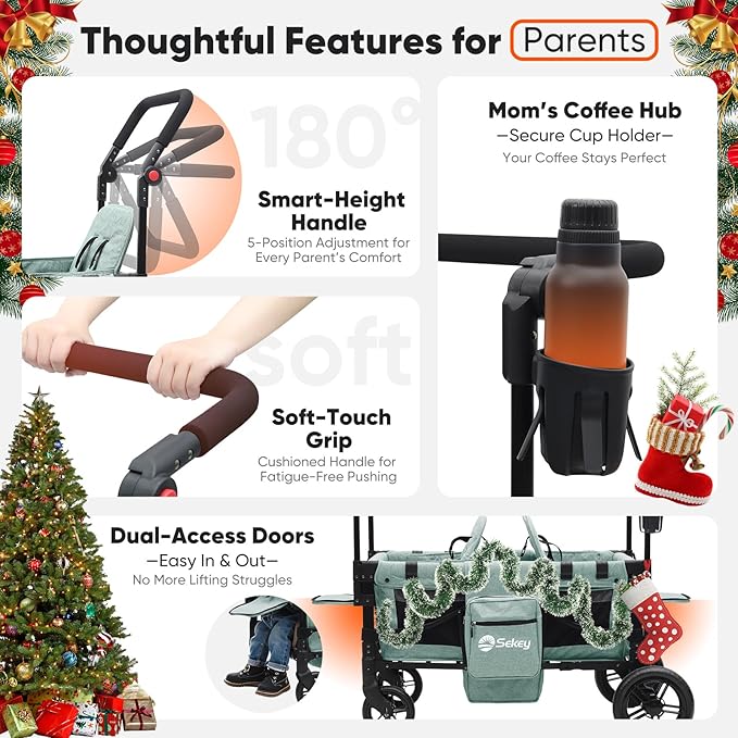 Sekey Wagon Stroller for 2 Kids, Luxury 4-in-1 Stroller Wagon - Premium Quality with Convertible Seats, Adjustable Push Handles, Removable Canopy, Snack Tray & Cooler, US Certified. Green