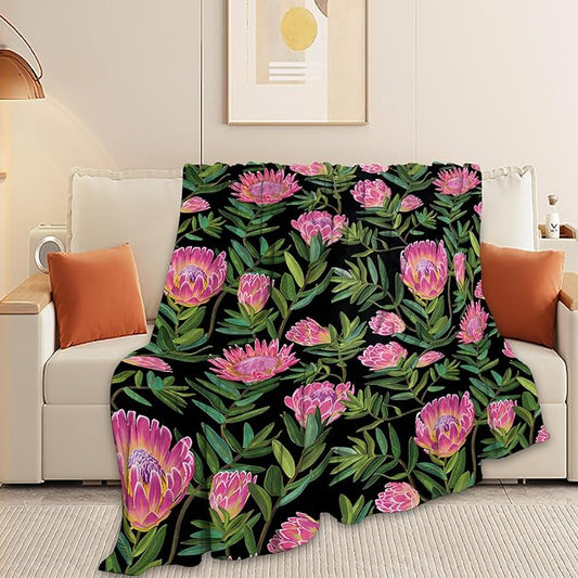 Protea Flower Blanket Ultra Soft Cozy Plush Farmhouse Floral Throw Blanket Wildflower Lovers Gifts for Girls Women Kids Adults Lightweight Flannel Comfy Blankets for Couch Sofa Bed 60"x50"