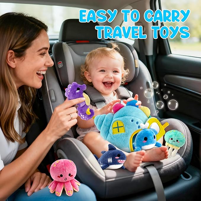 pamexin Baby Toys 6-12 Months, Ocean Stuffed Animals Set with 1 Conch House and 5 Sea Creatures, Rattle, Lanyard, Mirror, Montessori Toys for 6+ Month Old, Gifts for Babies Grandkids