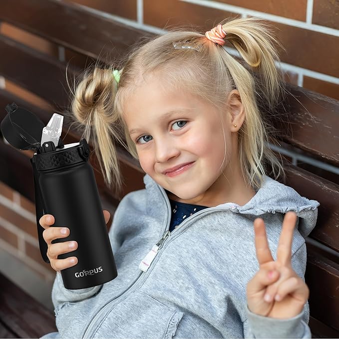 Kids Water Bottle, GOPPUS 18 Oz Stainless Steel Travel Bottle, Double Wall Vacuum Leak Proof Kids Cup for School Boys Girls, Black