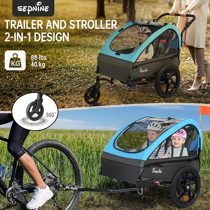 Sepnine Kids Bike Trailer, 2 in1 Canopy Carrier Converts to Stroller Suitable for 1 to 2 Kids, 12+ Months, Quick Attach to Bike, Foldable, with 5-Point Harness and Storage Bags