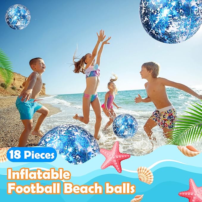 Chivao 18 Pcs Sequins Beach Ball 24 Inch 16 Inch Clear Inflatable Glitter Summer Swimming Pool Balls Wedding Outdoor Floatable Decor Confetti Decor for Beach Party(Blue)