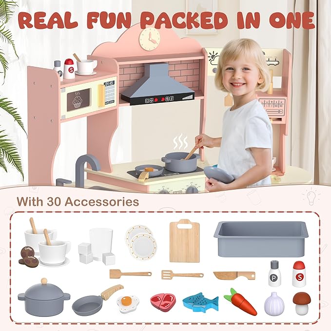 ANPABO Play Kitchen for Kids, Wooden Kids Kitchen Playset for Toddlers with Real Lights & Sounds, Pretend Play Toys with Coffee & Ice Maker, 30Pcs Toy Kitchen Accessories Gift for Boys & Girls