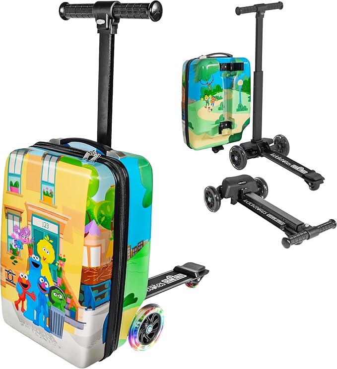 KIDDIETOTES Sesame Street 4-in-1 Detachable Scooter Luggage for Kids – Ride-On Suitcase with Removable Luggage Body, Adjustable Handlebar, Durable Deck & Brake – Carry-On Travel Bag