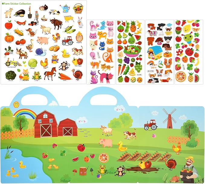 ASTARON Reusable Sticker Book for Toddlers, 88 Pcs Farm Harvest Stickers Road Trip Activities Car Airplane Activities Travel Toys for Kids, Kids Quiet Time Activities (2-6 Age)