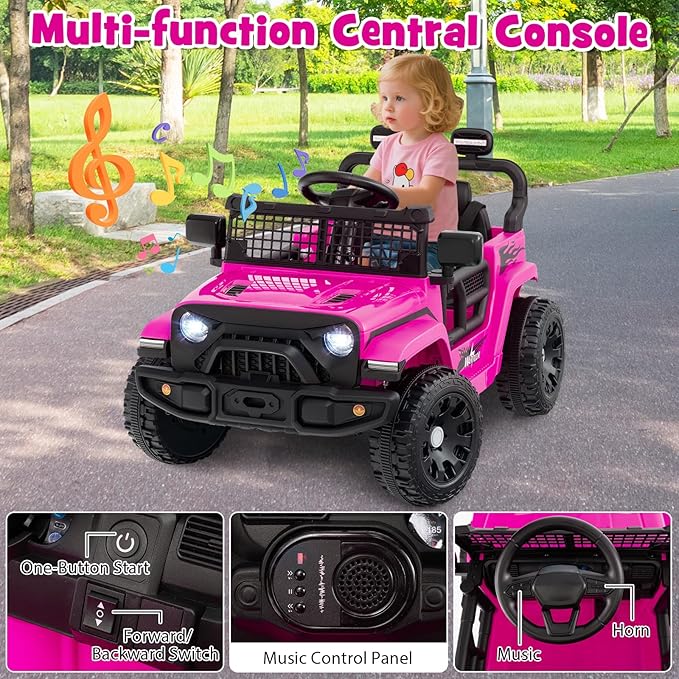 Costzon Kids Ride on Car Truck, 12V Electric Vehicle w/Foldable Mirrors, 3 Speeds, LED Lights, Music & Horn, Ride on Toys Remote Control Car for Toddlers, Boys & Girls (Pink,34" × 23" × 21")