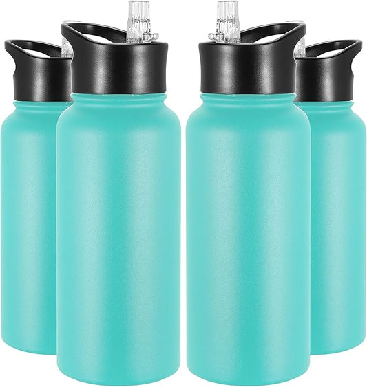 VEGOND 32 oz Insulated Water Bottle Bulk Stainless Steel Metal Water Bottles with Leak Proof Straw Lid & Spout Lid, Wide Mouth Double Walled Vacuum Travel Sports Bottle, 4 Pack