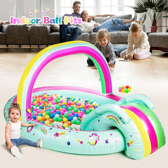 SULIFEEL Rainbow Unicorn Inflatable Play Center Kiddie Pool with Slide and Sprinkler for Children, 96''x59''x39''in Baby Pool for Backyard and Garden, Free Inflatable Pump
