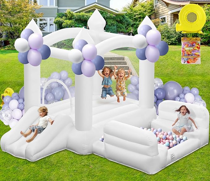 White Bounce House for Kids 3-8, Large Inflatable Bouncy House with Air Blower Slide Ball Pit Jumping 100 Balloons, Bouncy Castle for Party Birthday Wedding Event Indoor Outdoor (10x6x6FT)