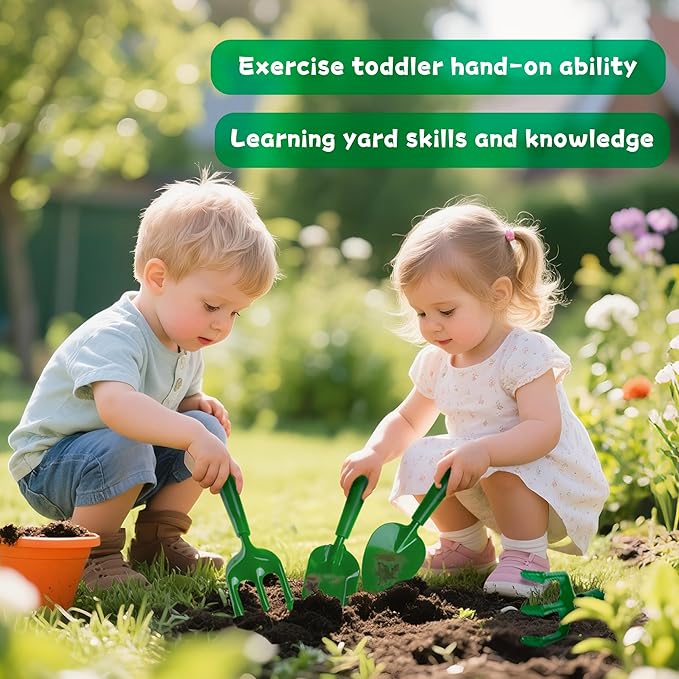 Duckura Kids Gardening Tools Set - 7pcs Wheelbarrow Set for Kids with Shovel, Rake, Leaf Rake, Summer Outdoor Yard Digging Weed Toys, Halloween Birthday Gifts for Boys Girls Age 3+ Years Old(Green)