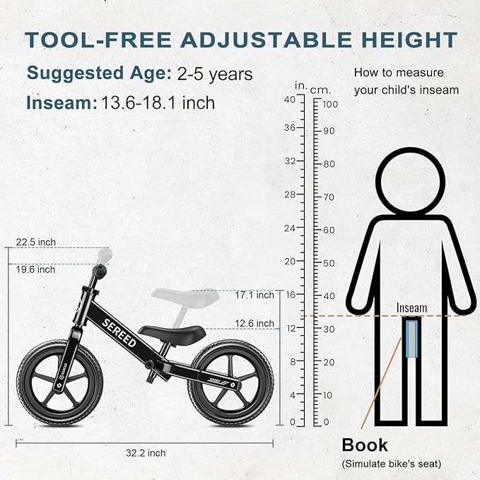 SEREED Toddler Balance Bike 2 Year Old, No Pedal Kids Toy Bike for 2-5 Years Old, Tool-Free Adjustment, for Grandkids 2-3 Boys Girls, Customize Plate with 3pcs Stickers (Black)