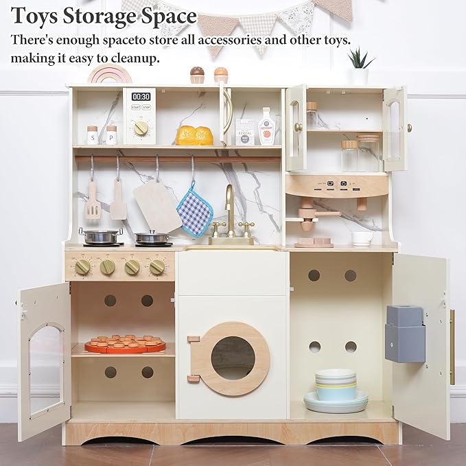 Wooden Play Kitchen for Kids and Toddlers with Realistic ICE Maker & Sounds,Toy Kitchen Set with 20 Accessories, Interactive Learning Toy for Pretend Play, Gift for Girls & Boys(Ages 3+)