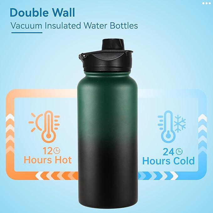 VEGOND 32 oz Insulated Water Bottle Bulk Stainless Steel Metal Water Bottles with Leak Proof Straw Lid & Spout Lid, Wide Mouth Double Walled Vacuum Travel Sports Bottle, 4 Pack