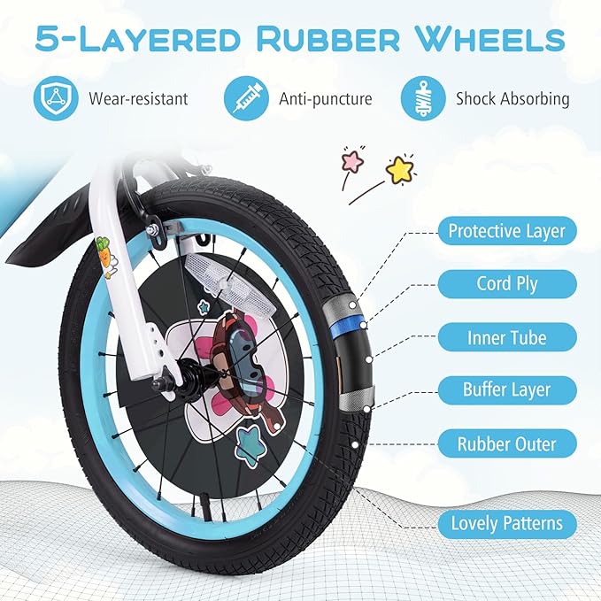 BABY JOY Rabbit Pilot Sporty Kids Bike, 12 14 16 18 Inch Child Bike for 3-8 Years Old with Adjustable Height, Training Wheels, Storage Basket, Handbrake & Coaster Brake, Kids Bicycle for Girls Boys