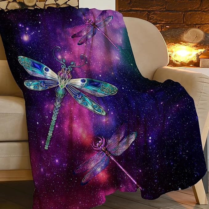 Dragonfly Throw Blanket Flannel Fleece Galaxy Starry Sky Cozy Plush Ultra Soft Warm Blankets Fuzzy Party Blanket Caring Gifts for Girls Women Men Boys 80"X60"