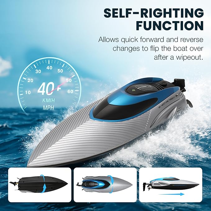 RC Boat for Adults & Kids, Metallic Blue, 2.4GHz Remote Control Racing Boat, 30 MPH, Self-Righting, Waterproof, Long Range, Rechargeable, LED Light, High Speed Electric Toy Boat for Lake, Pool & Pond