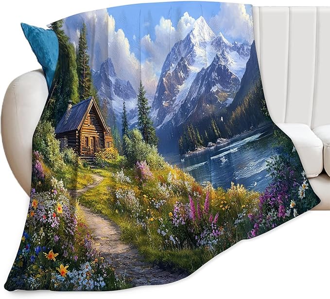 Mountain Landscape Blanket, Nature Lake Tree Fleece Blanket Gifts for Boys Girls, Warm Cozy Soft Flannel Stuff for Bed Sofa Couch 80" x 60"