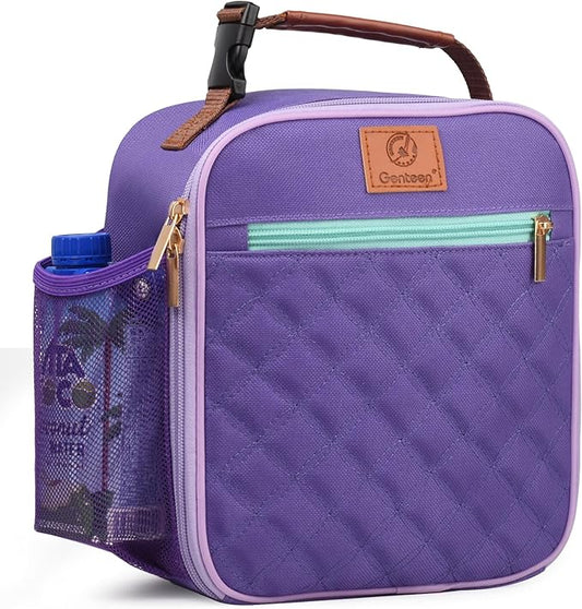 Genteen Lunch Box Lunch bag for Kids Girls Teen,Insulated Lunch Bag with Bottle Holder,Small Lunch Box Cooler Lightweight Reusable LunchBox for Work Office School Travel Picnic-Purple