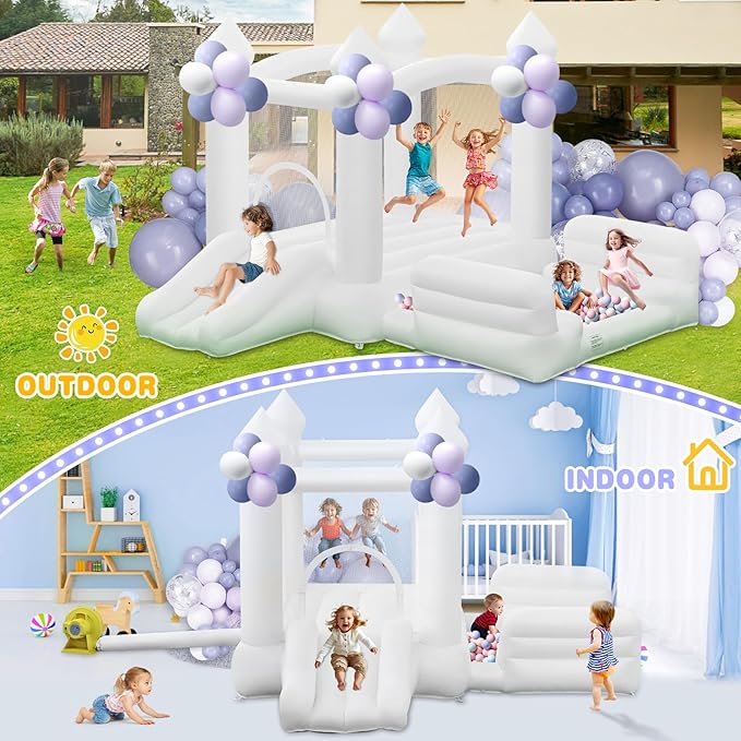 White Bounce House for Kids 3-8, Large Inflatable Bouncy House with Air Blower Slide Ball Pit Jumping 100 Balloons, Bouncy Castle for Party Birthday Wedding Event Indoor Outdoor (10x6x6FT)