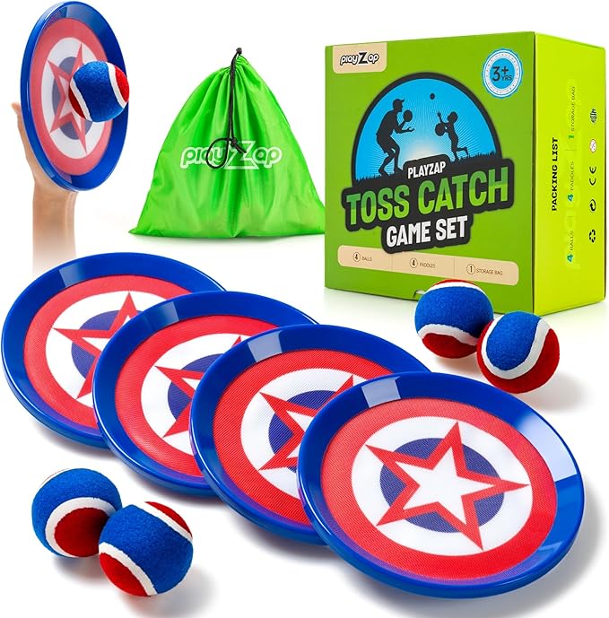 PlayZap Toss and Catch Ball Set Ultra Sturdy ABS - Family Games Christmas Stocking Stuffers Gift for Toddlers Kids Teens Boys Girls 3-5 5-8 8-13+ Yrs - Baseball Toys for Beach Pool Yard Outdoor 4 Pack