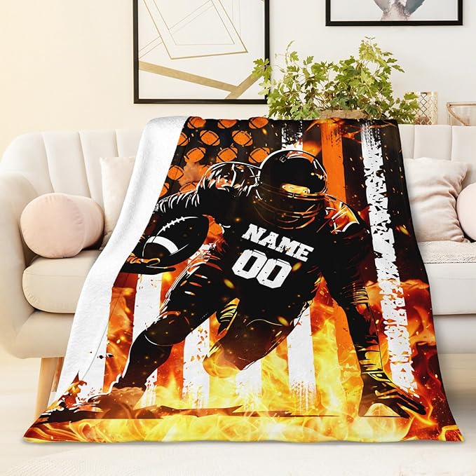 Personalized Football Throw Blanket Gifts for Boys, Sport Blanket with Name for Football Lovers Football Players, Custom 30x40 Inches Lap Size Soft Blankets for Sofa Couch Chair