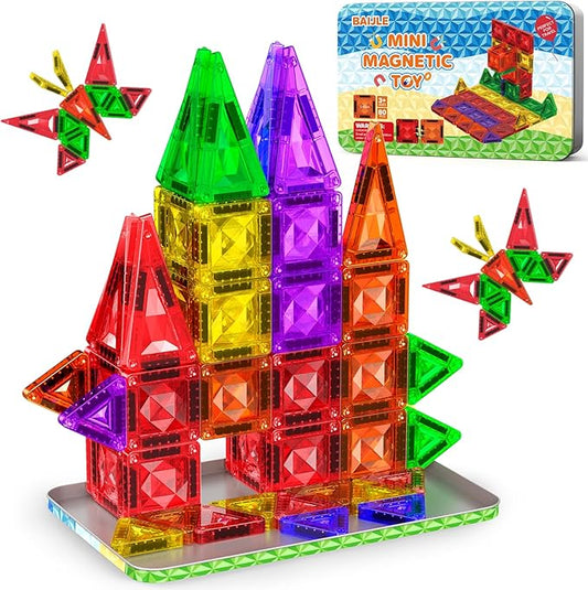 80PCS Mini Magnetic Tiles, Diamond Pattern Travel Magnetic Tiles Building Set with Case, Construction Toys for Kids 4-8 Portable Classroom Educational Learning Toddler Toys for Boys Girls Gift Ages 3+