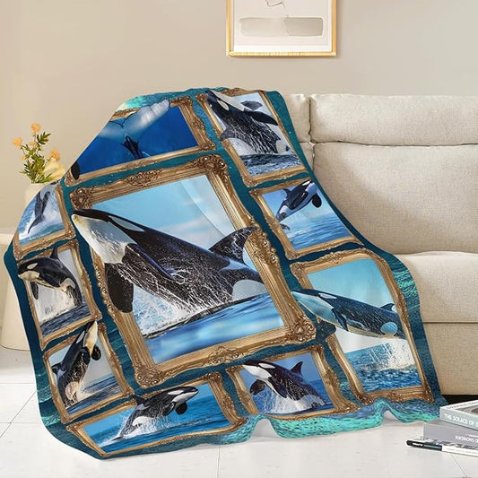 Orca Blanket Ocean Whale Throw Blanket Gifts for Girls Women Kids Boys Adults Men Super Soft Cozy Plush Fluffy Fuzzy Fleece Blanket Home Decor 50''X60''