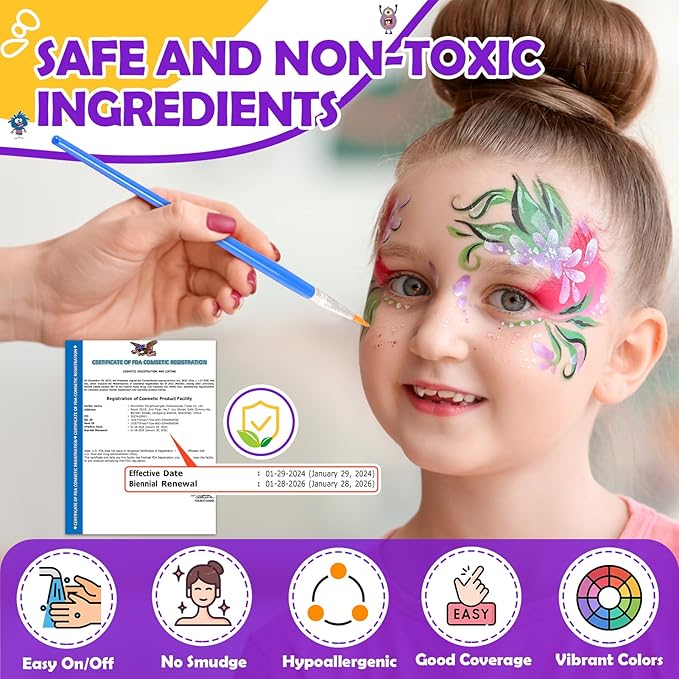 Face Painting Kit for Kids, 24 Colors Water Based Non-Toxic Face Paint with Stencils & Brushes, Professional Body Makeup Set with Guide Book, Washable Face & Body Paint for Halloween Birthday Parties