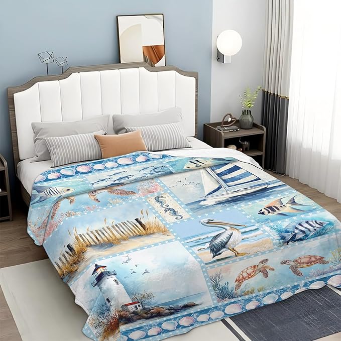 Ocean Nautical Throw Blanket, Nautical Coastal Fleece Blanket Gifts for Boys Girls, Warm Cozy Soft Flannel Throw Stuff for Bed Sofa Couch 50" x 40"