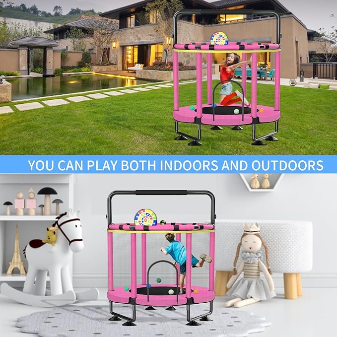 Trampoline for Kids, Upgrade Full Anti-Rust 440lbs Indoor Outdoor Toddler Trampoline with Net, 55" Adjustable Baby Toddler Trampolines Accessories with 8 Toys Dart Board