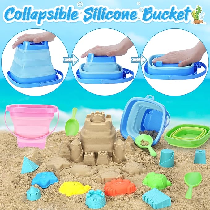Collapsible Foldable Beach Buckets and Shovels Set - Kids Beach Toys with Mesh Bag & Sand Molds, Silicone Pails for Travel