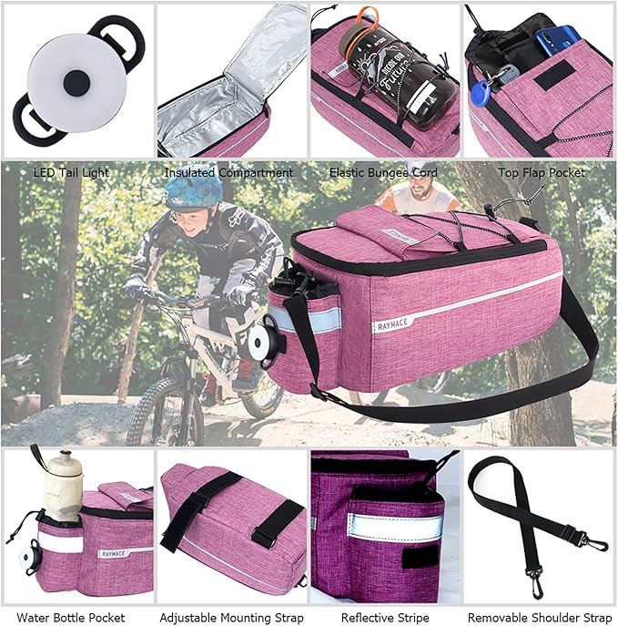 RAYMACE Bike Rear Rack Bag with Tail Light, Bike Truck Cooler Bag for Warm or Cold Items