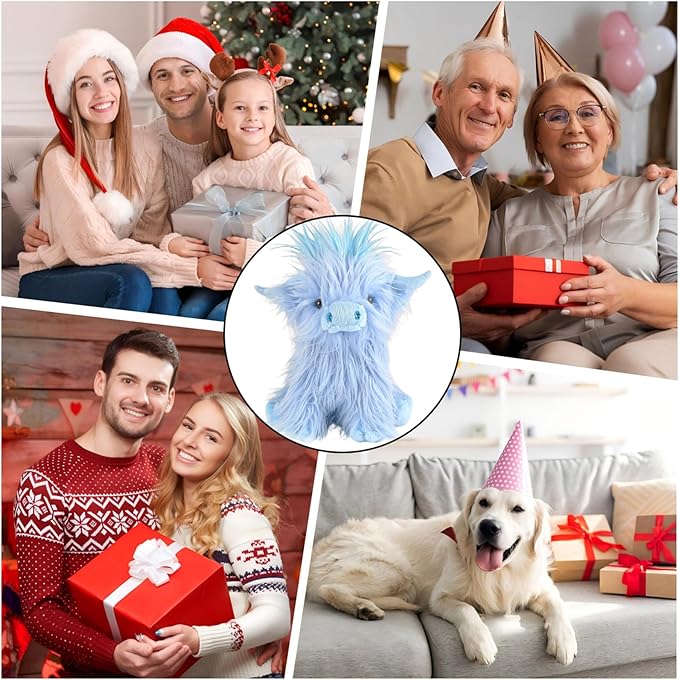 Highland Cow Fluffy Stuffed Animal, 10" Adorable Realistic Plush Toy Soft Cute Cow Plushie Home Decor Gift for Boys Girls Kids Teens Adults, Blue