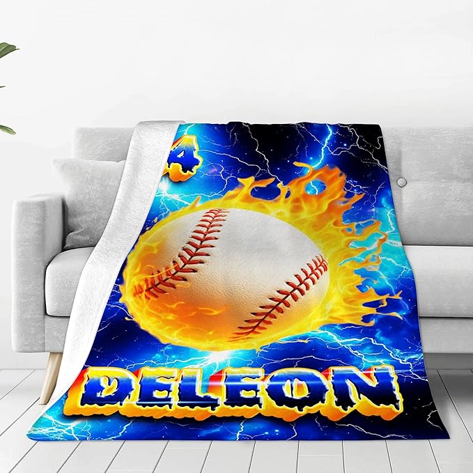 Custom Baseball Blanket with Name Personalized Basketball Throw Blanket for Sports Lovers for Couch Sofa Bed Decor (Boy-03)