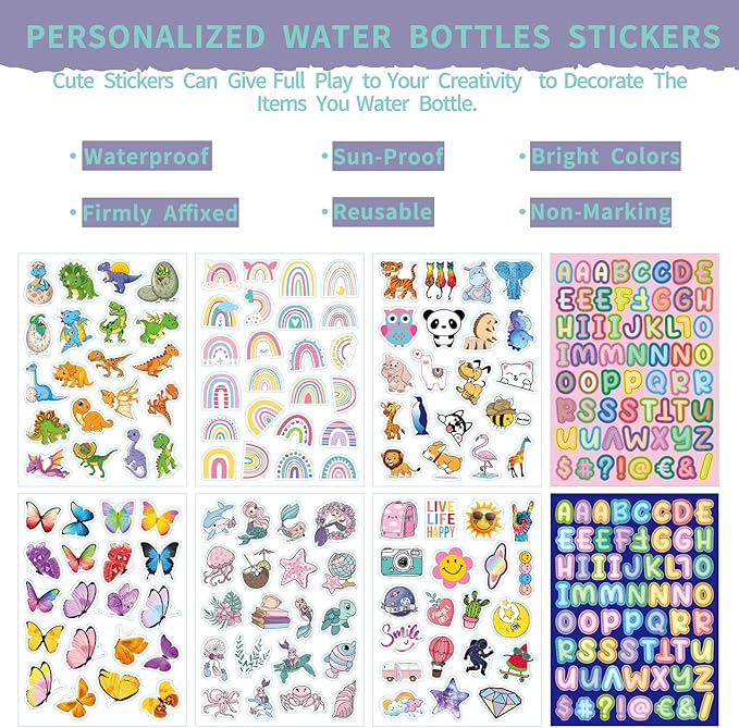 mininoo Insulated Water Bottle for School, 16oz Back to School Water Bottle with Straw Lid for Girls, Boys (Purple/Sky)